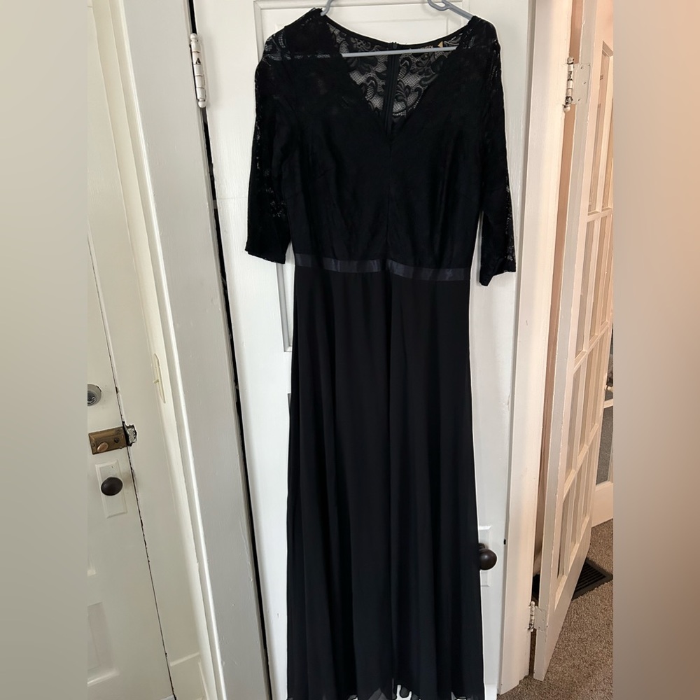 Floor Length Black Dress - Chiffon & Lace - V neck - Formal or Black Tie Attire